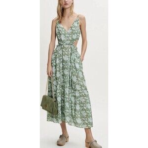 Maje Green Floral Cut-Out Maxi Dress - Size 38 (US Small/Medium) - Cotton & Visc